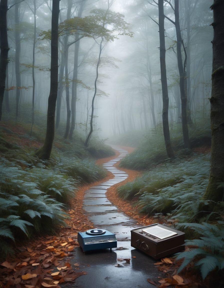 A somber yet enchanting landscape depicting a winding path through a misty forest, with faint silhouettes of sad stories and musical notes floating gently in the air. Incorporate elements like an open book and a vintage record player to symbolize data processing. The atmosphere should evoke a feeling of melancholy yet hope, with muted blues and grays contrasted by soft, warm light. super-realistic. vibrant colors. soft focus.