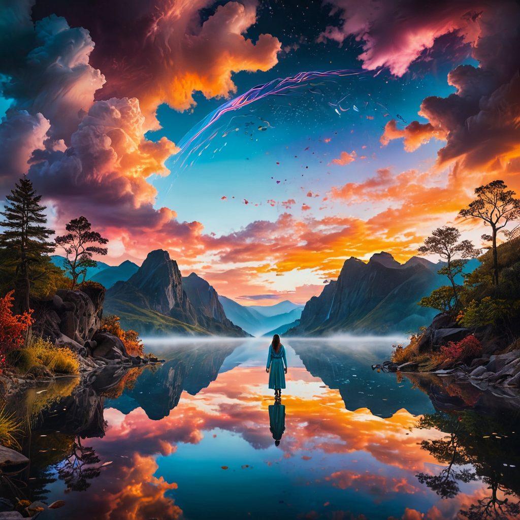 A mystical landscape where emotions are symbolized through vibrant colors, with teardrops transforming into data metrics. Tika, depicted as a wise, ethereal figure, guides the viewer through this journey, showing charts and graphs emerging from clouds of sadness. The background blends a serene sunset with elements of technology, creating a bridge between emotion and analytics. Reflective water mirrors the scene, enhancing the sense of discovery and transformation. surrealism. vibrant colors. ethereal atmosphere.